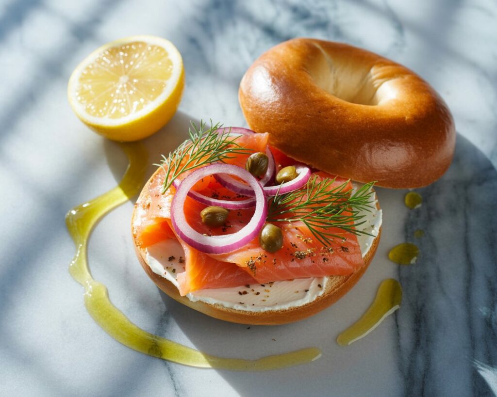 Bagel topped with smoked salmon, cucumber, and lemon zest