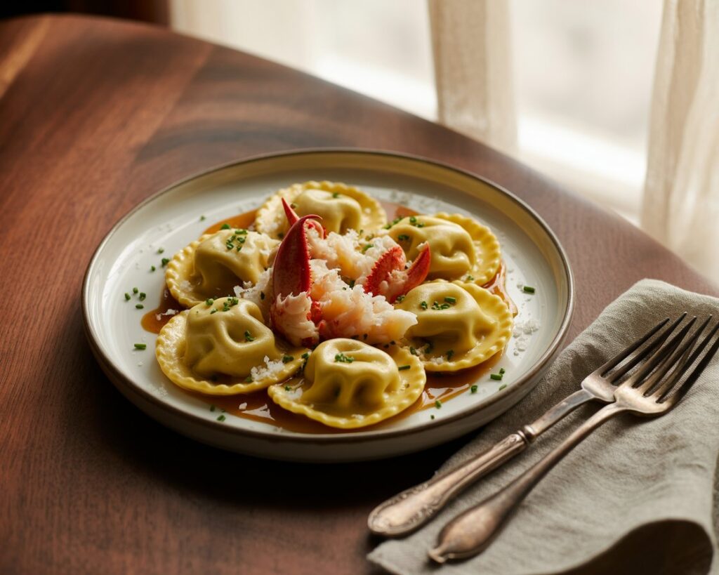Gourmet lobster ravioli on a white dish