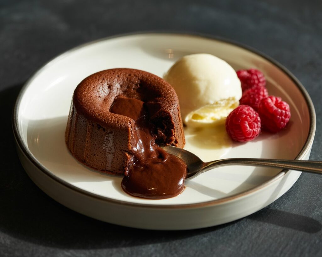 Molten lava cake with rich chocolate center oozing out