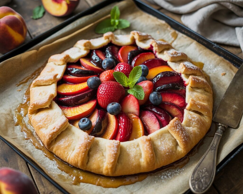 Homemade fruit galette dusted with powdered sugar