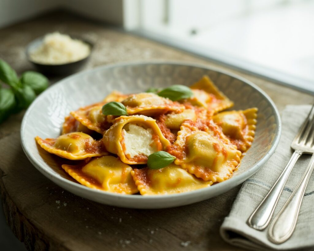 Homemade cheese ravioli on a floured surface ready to cook
