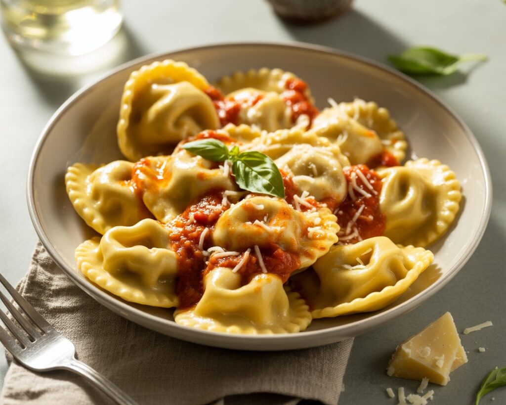 Close-up of cooked cheese ravioli with parmesan and herbs