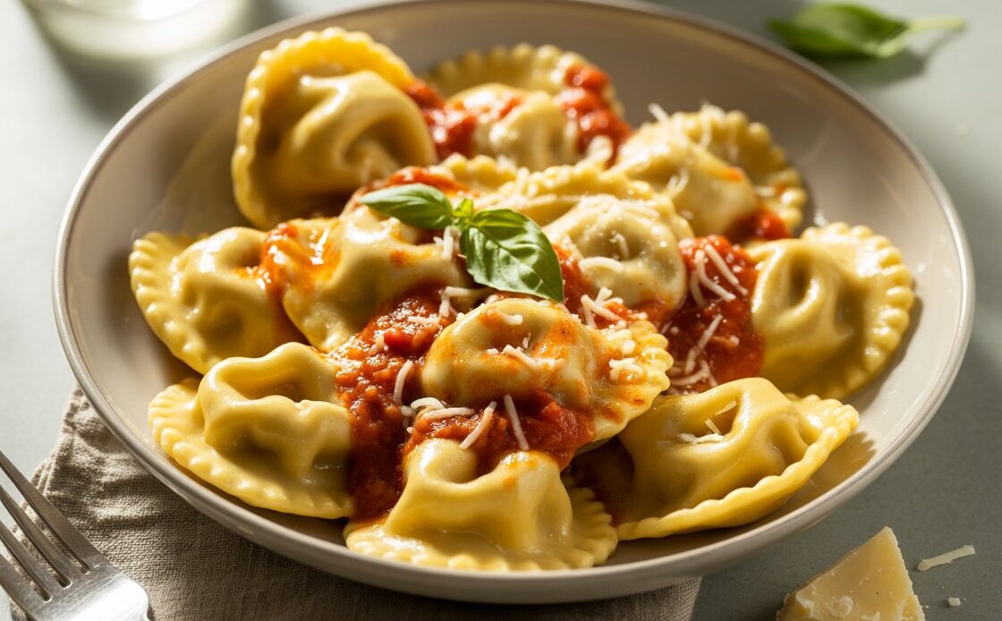 Close-up of cooked cheese ravioli with parmesan and herbs