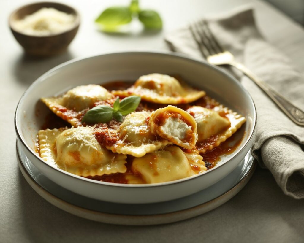 Cheese ravioli topped with marinara sauce and fresh basil