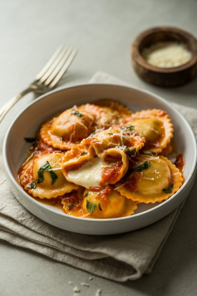 Store-bought ravioli topped with homemade pesto and pine nuts
