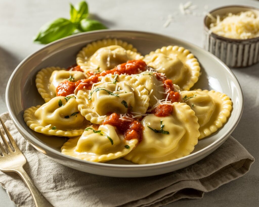 Ravioli in tomato sauce served in a white bowl with fork