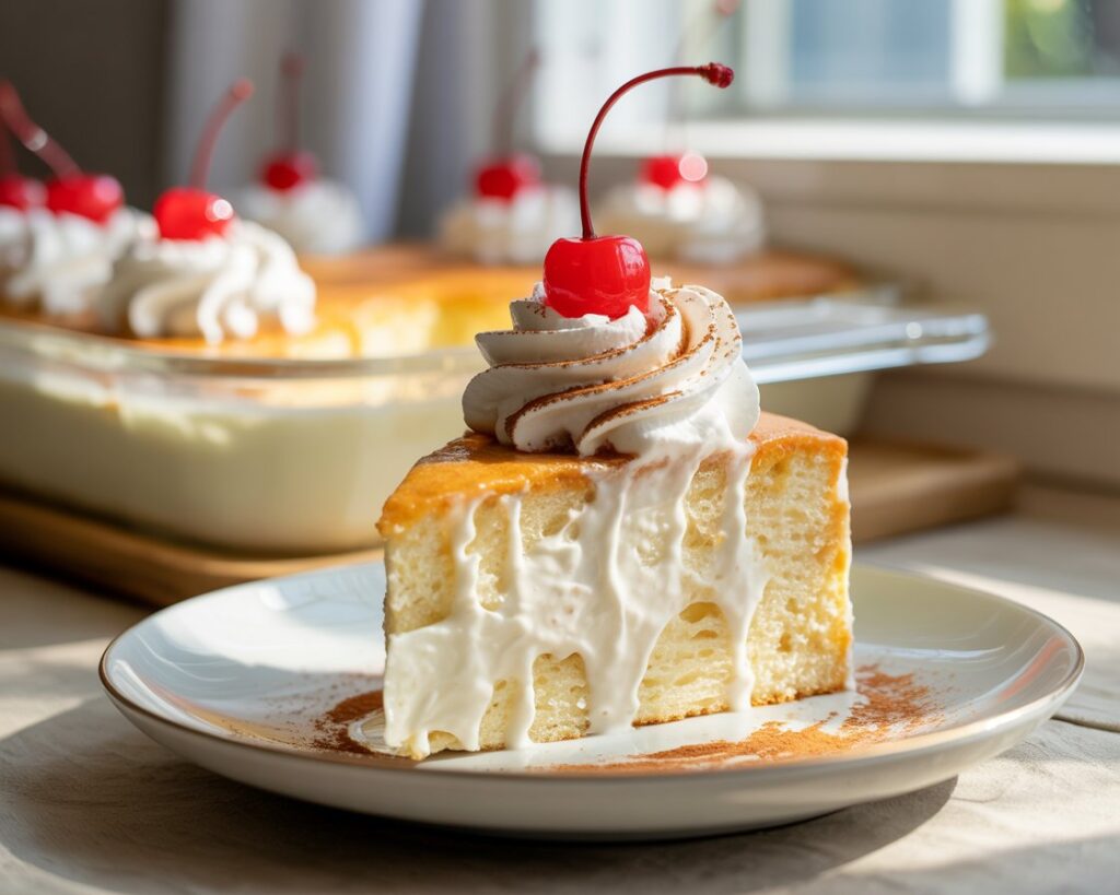 Fluffy Tres Leches cake topped with cinnamon and cream