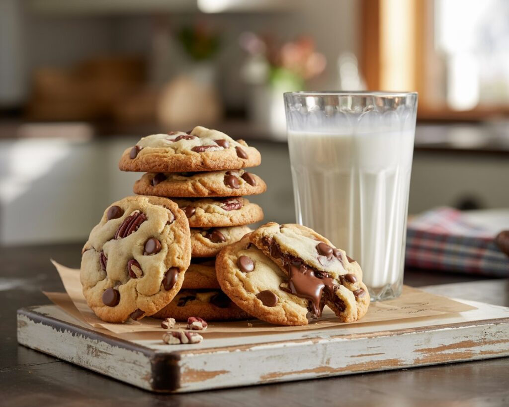 Stack of thick, gooey Mama Kelce cookies with melted chocolate chunks
