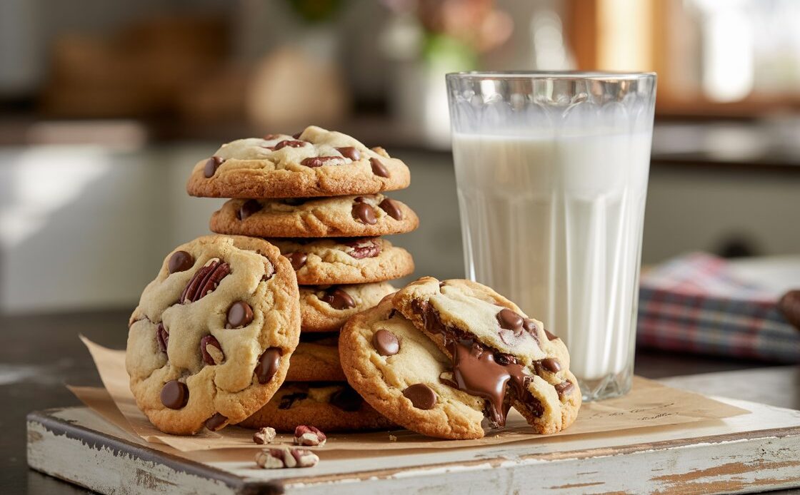 Stack of thick, gooey Mama Kelce cookies with melted chocolate chunks