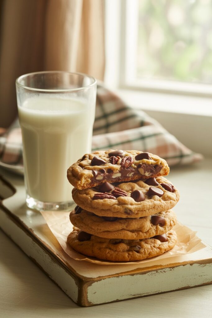 Overhead shot of Mama Kelce’s famous cookies with a glass of milk