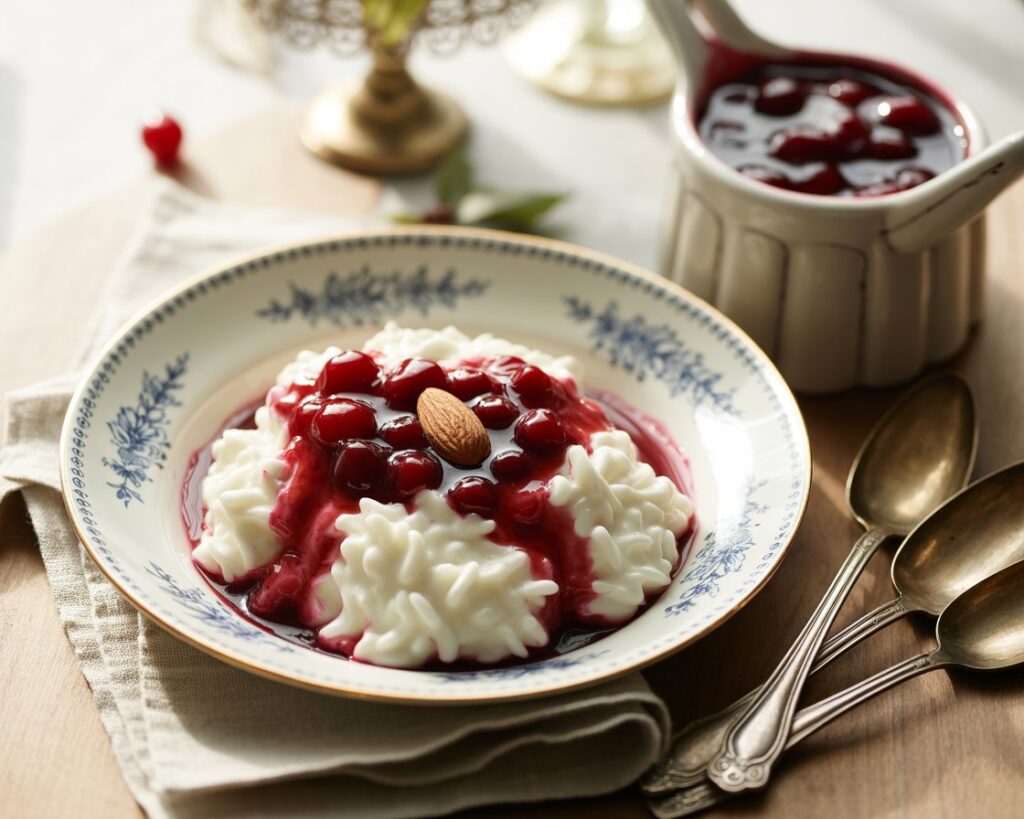 Elegant serving of Risalamande on a holiday table