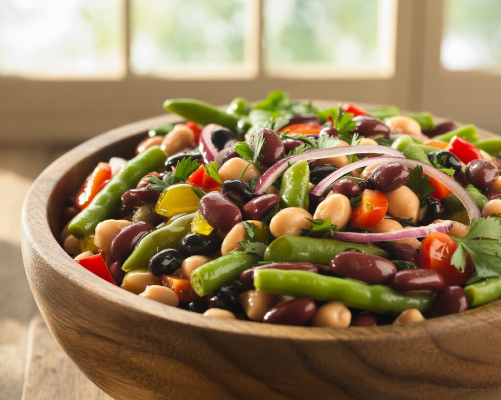Close up of dense bean salad with colorful peppers onions and herbs