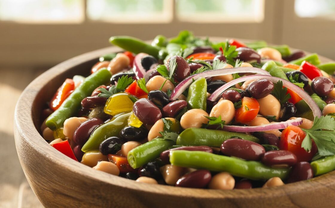 Close up of dense bean salad with colorful peppers onions and herbs