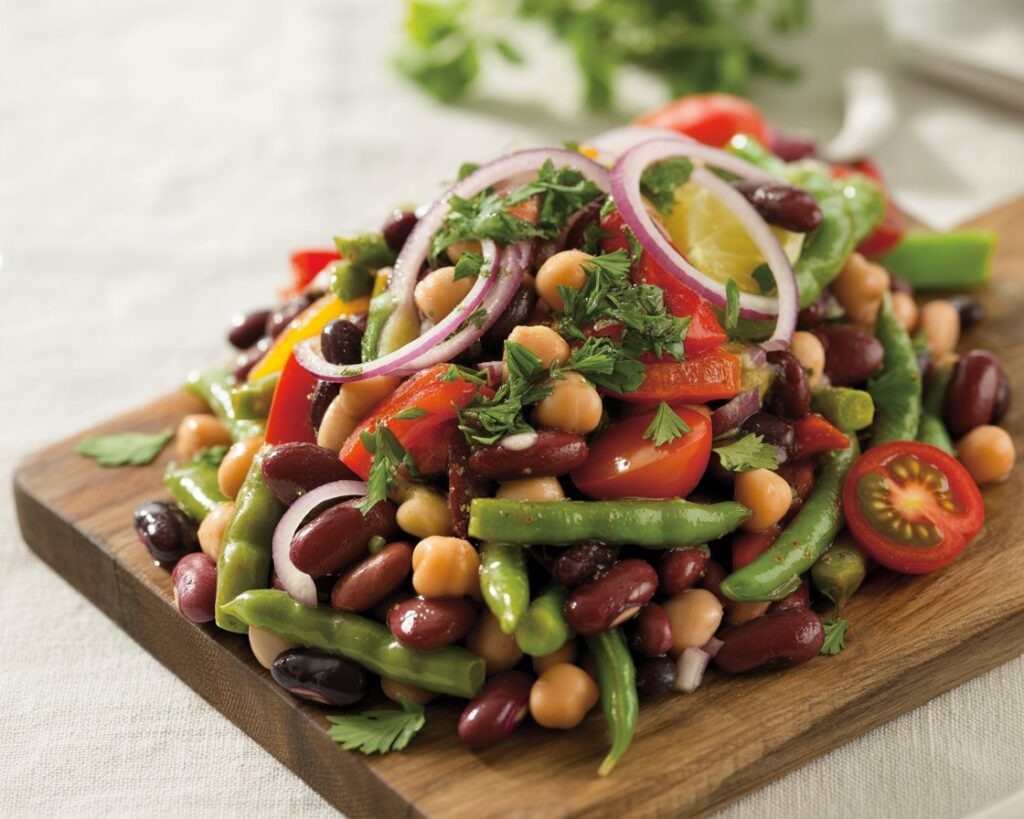 Hearty bean salad with chickpeas black beans kidney beans and fresh vegetables in a bowl