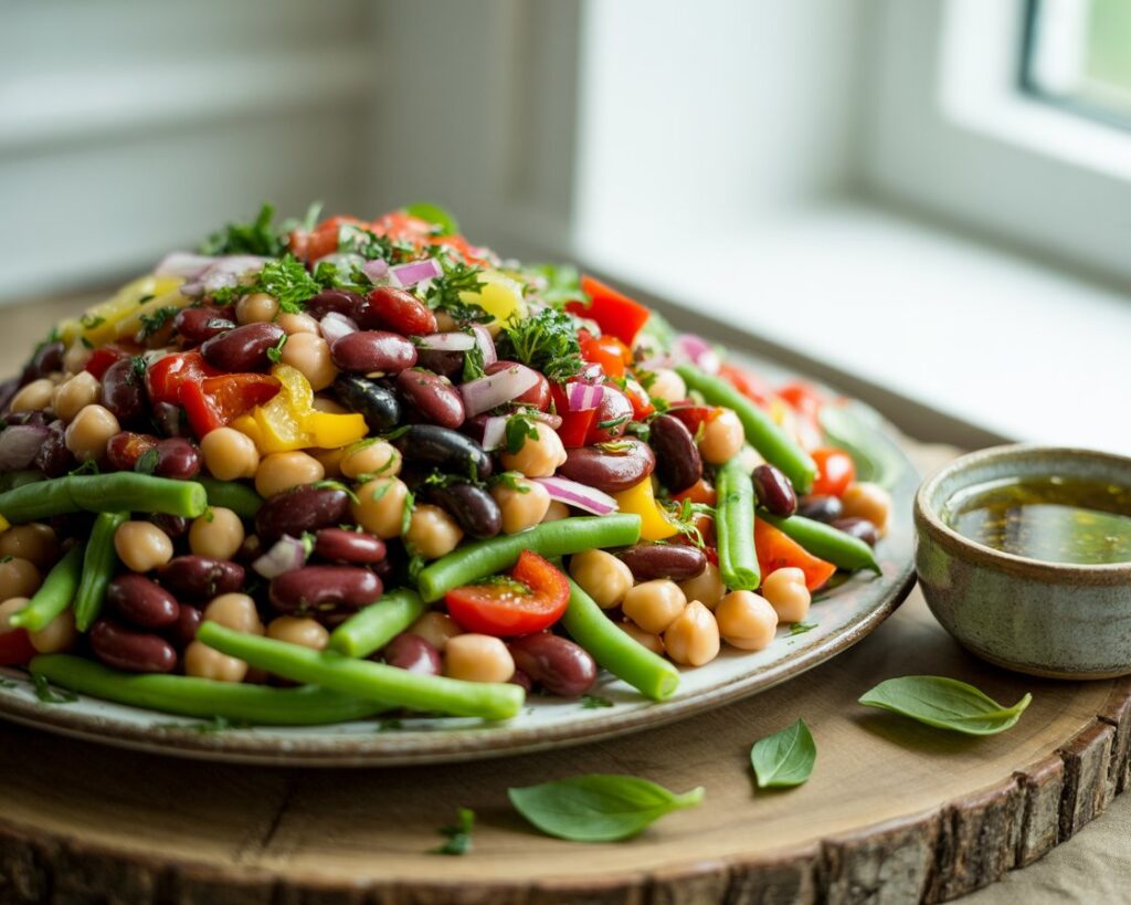 Healthy bean salad with mixed beans vegetables and light dressing served on a plate