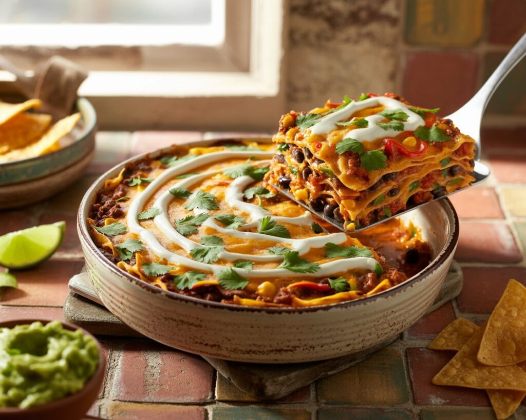 Sliced Mexican lasagna with layers of tortillas, beef, and cheese