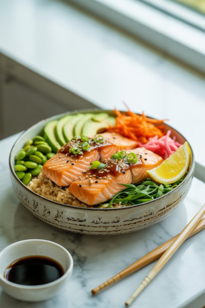 Healthy salmon poke-style bowl with fresh ingredients