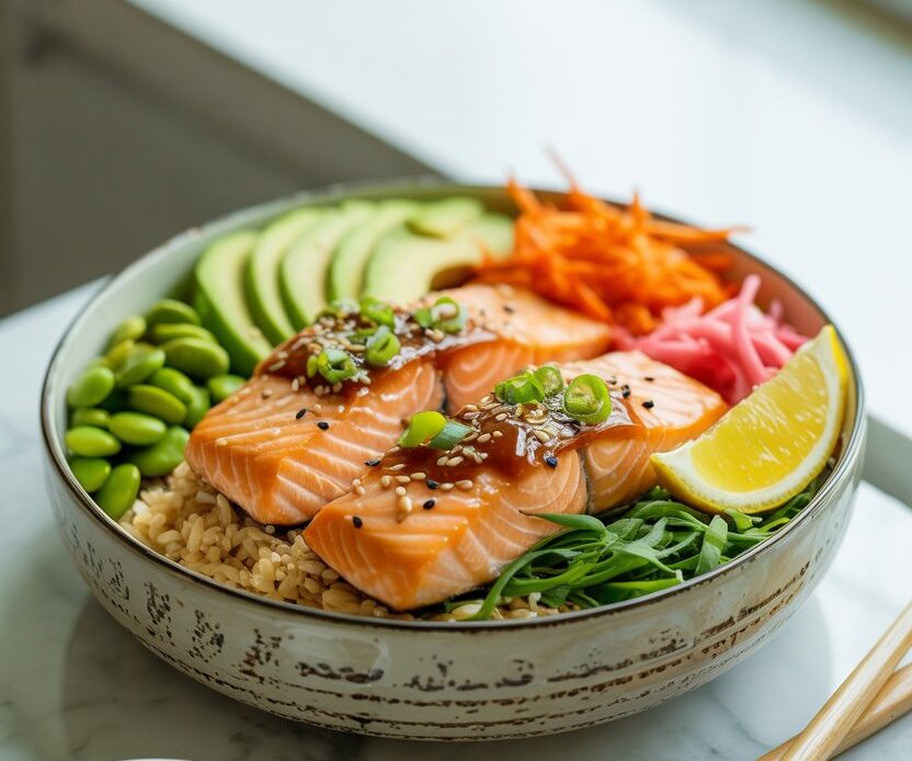 Healthy salmon poke-style bowl with fresh ingredients