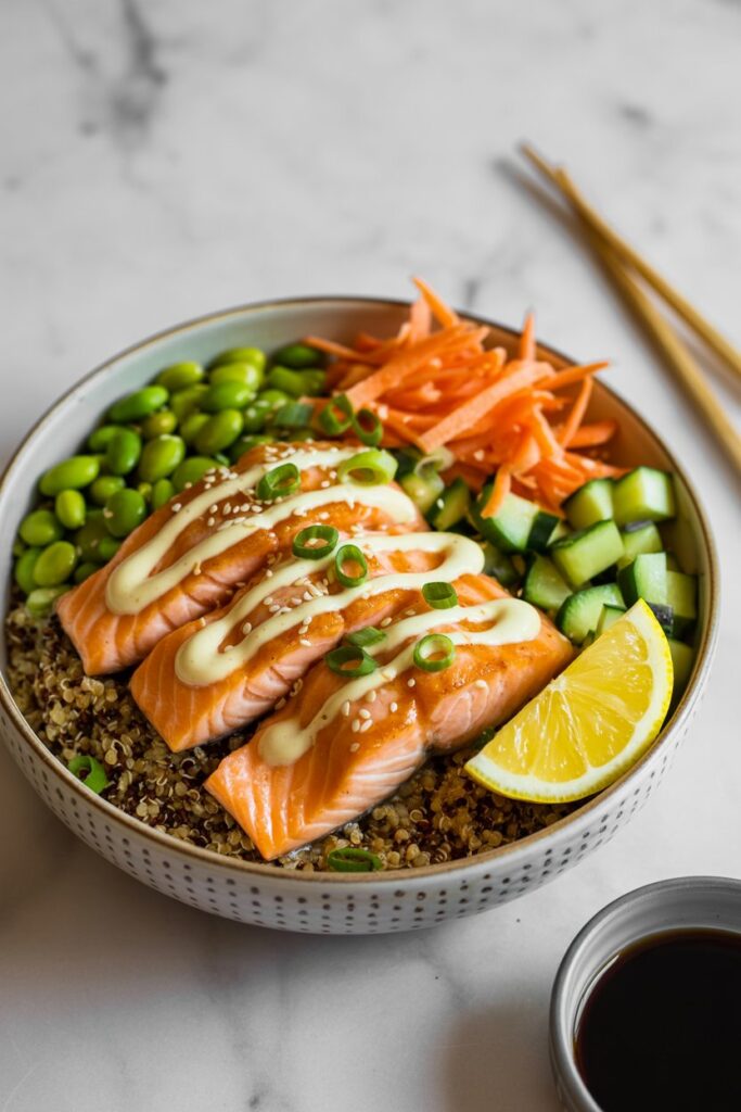 Close-up of salmon dinner bowl with soy glaze and toppings