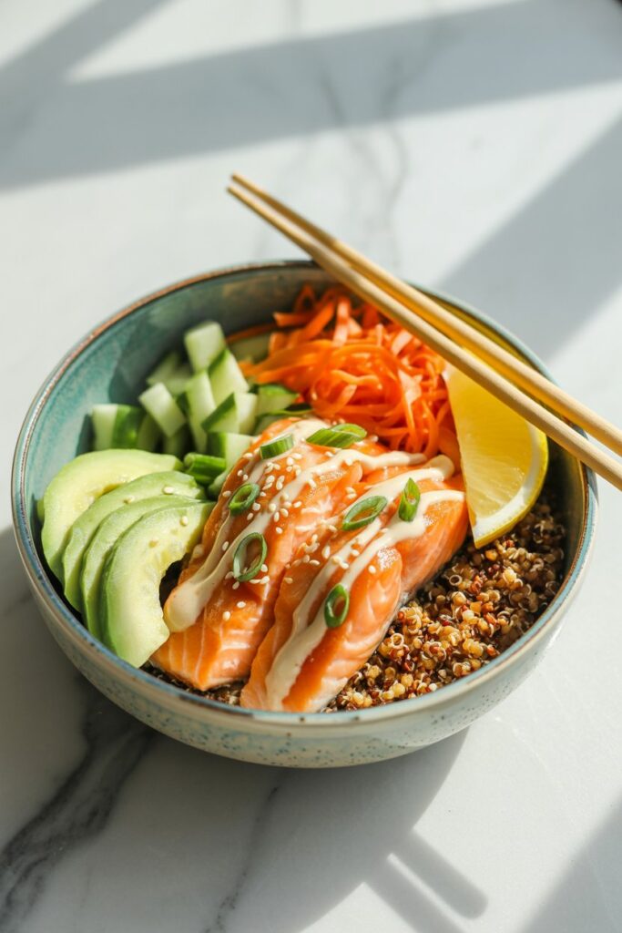 Grilled salmon fillet served over a bed of brown rice and greens