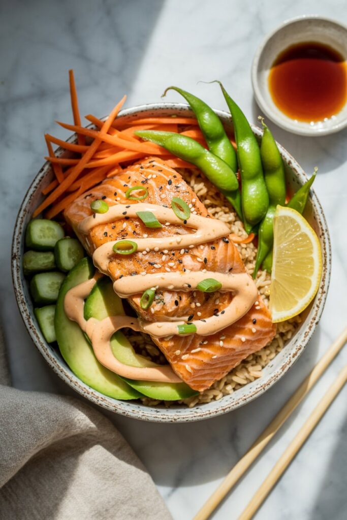 Salmon bowl with rice, avocado, cucumber, and sesame seeds