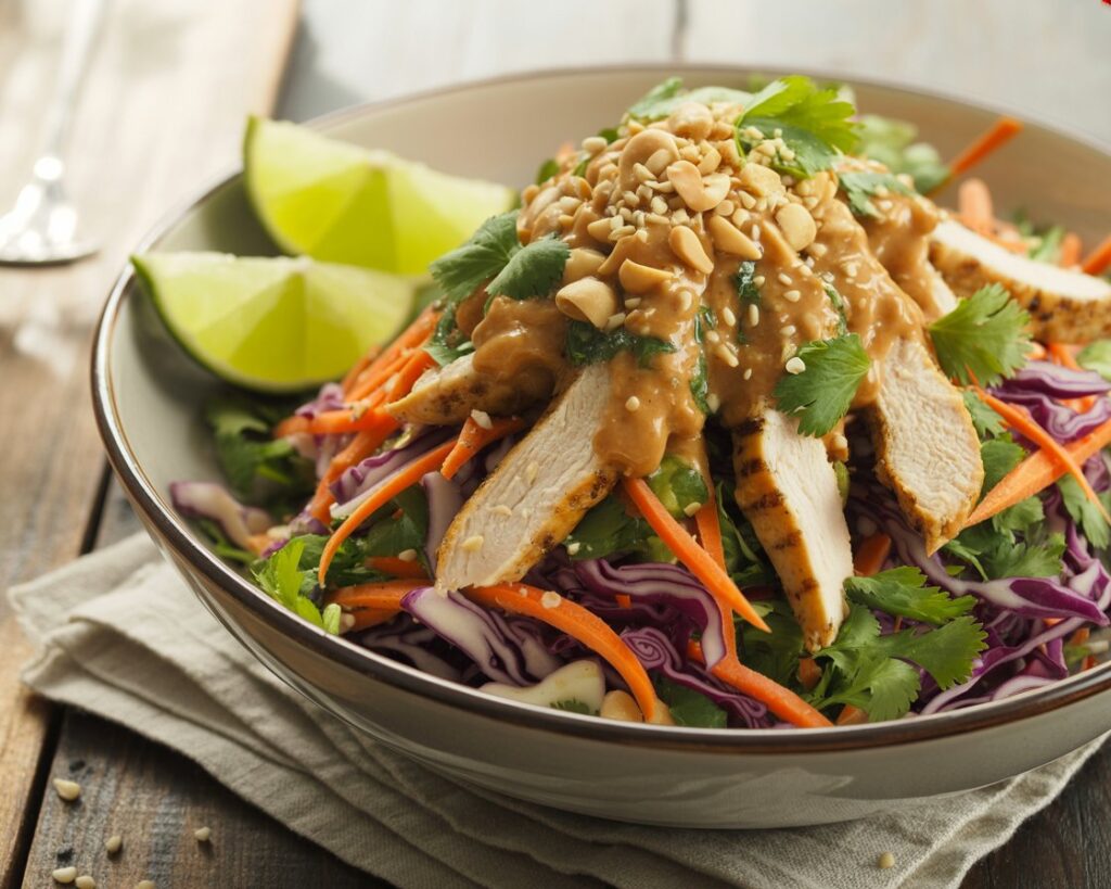 Bowl of Thai chicken salad topped with creamy peanut dressing