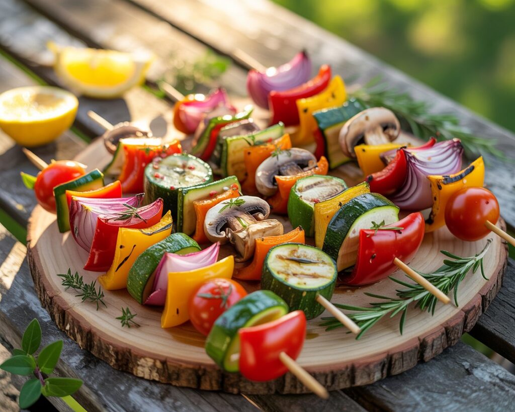Colorful grilled veggie skewers with zucchini, bell peppers, and mushrooms on a grill
