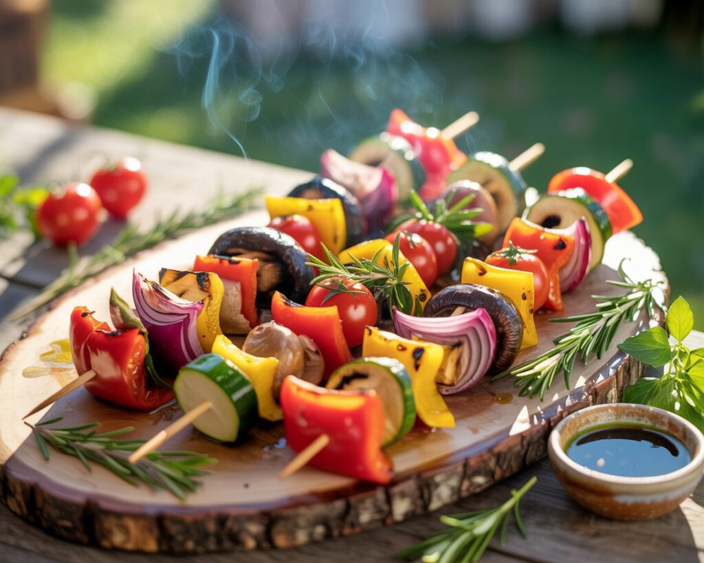 Delicious charred veggie skewers arranged on a rustic wooden board