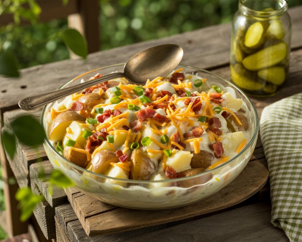 Bowl of creamy baked potato salad topped with chives and bacon