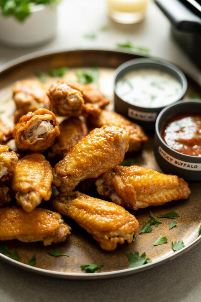 Golden brown chicken wings cooked in an air fryer ready to serve