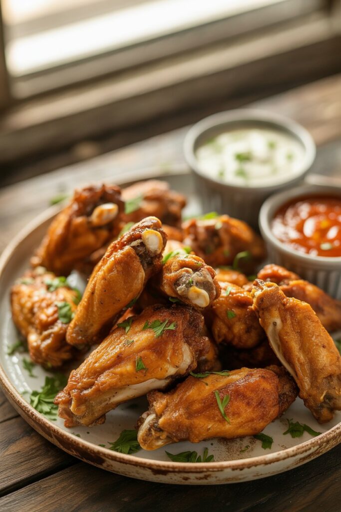Plate of crispy chicken wings with herbs and sauce on a wooden table