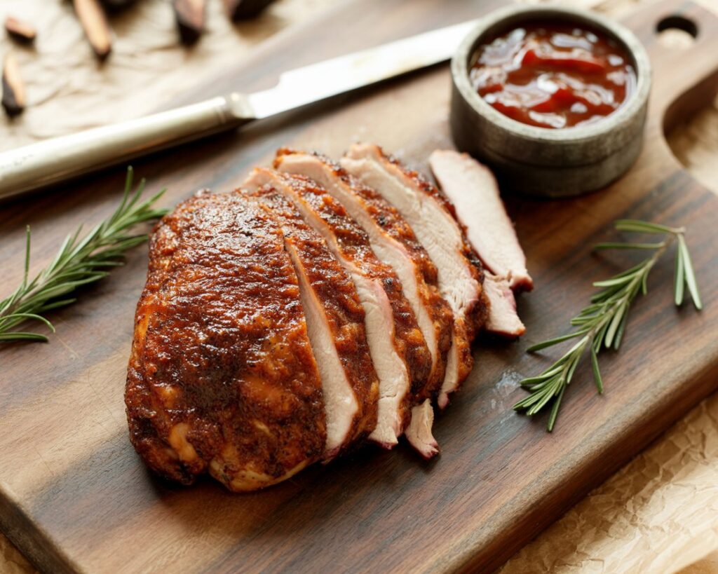 Whole smoked chicken breast with grill marks