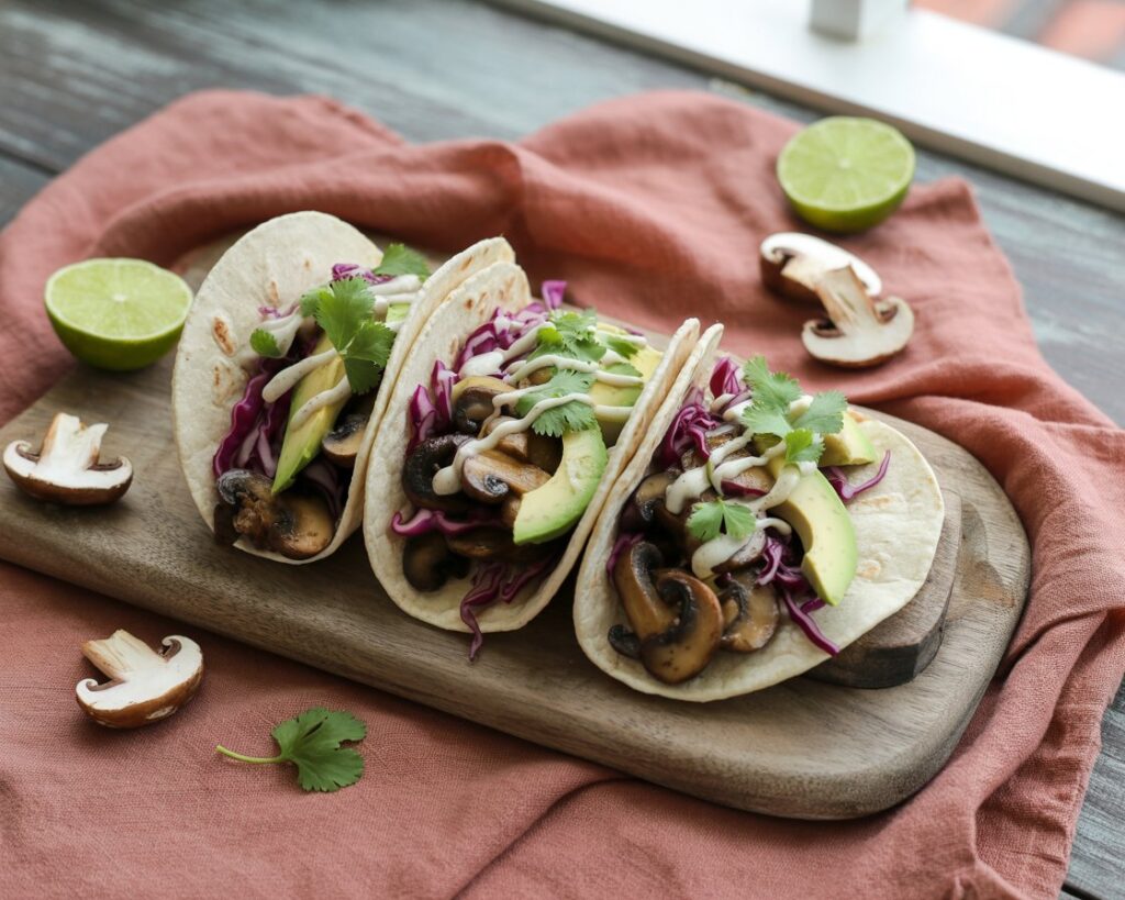 Meatless mushroom tacos with colorful vegetables and creamy sauce