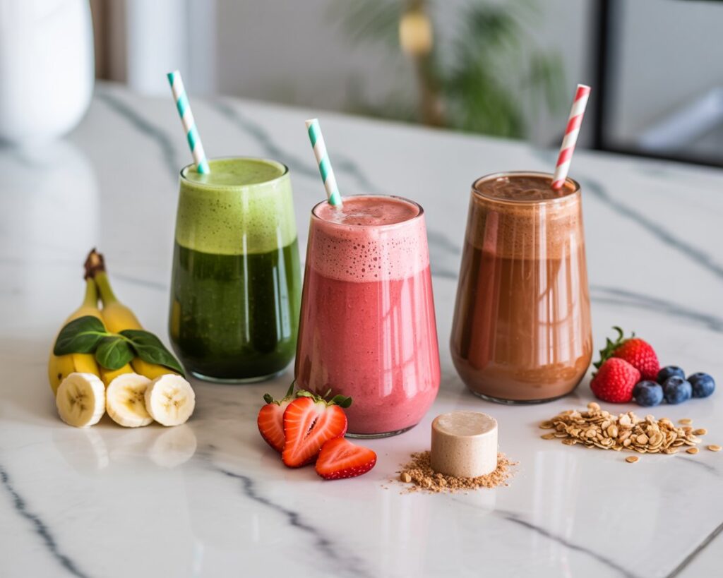 Green protein smoothie made with spinach, banana, and almond milk