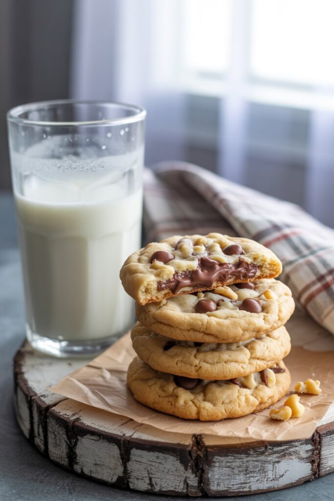 Hands holding a warm cookie broken in half, revealing melted chocolate