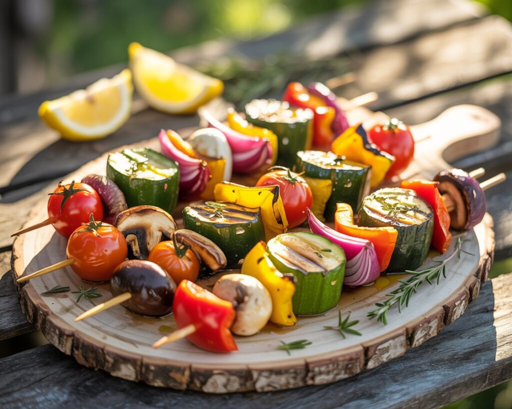 Vegetable skewers sizzling on a barbecue grill with charred edges