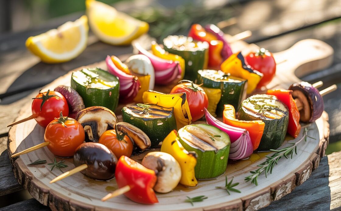Vegetable skewers sizzling on a barbecue grill with charred edges