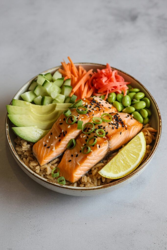 Colorful salmon rice bowl with veggies and spicy mayo drizzle
