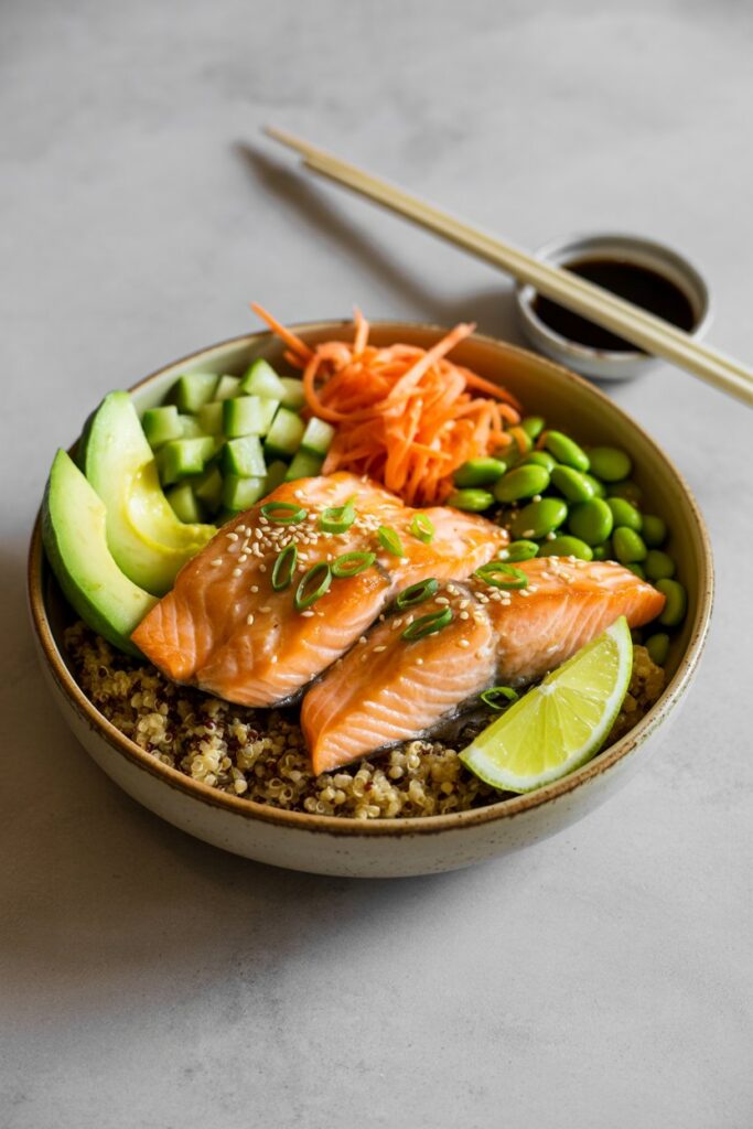Easy salmon bowl with quinoa, avocado, and roasted vegetables