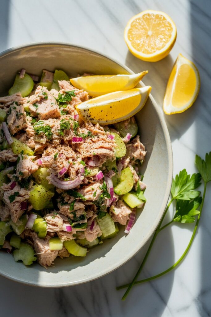 Colorful tuna salad topped with fresh herbs.
