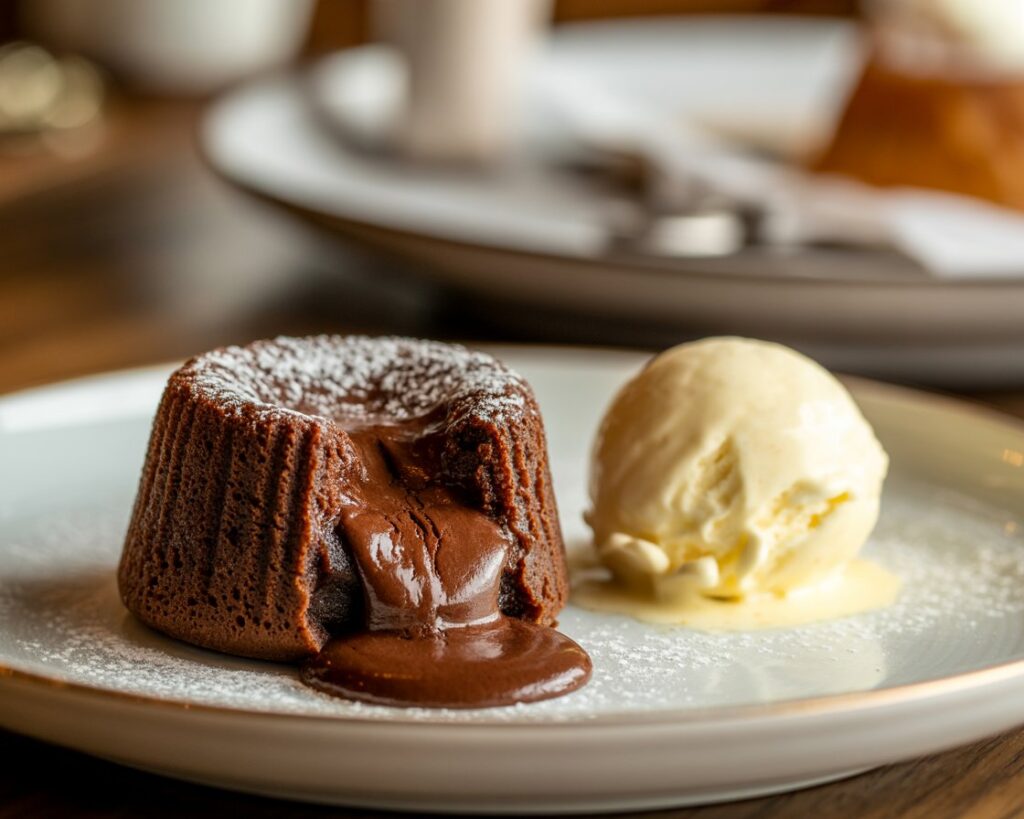 Delicious molten lava cake with flowing chocolate center served as a dessert