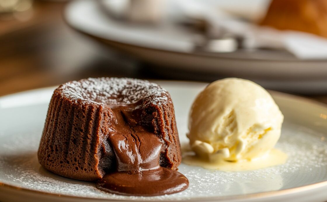Delicious molten lava cake with flowing chocolate center served as a dessert