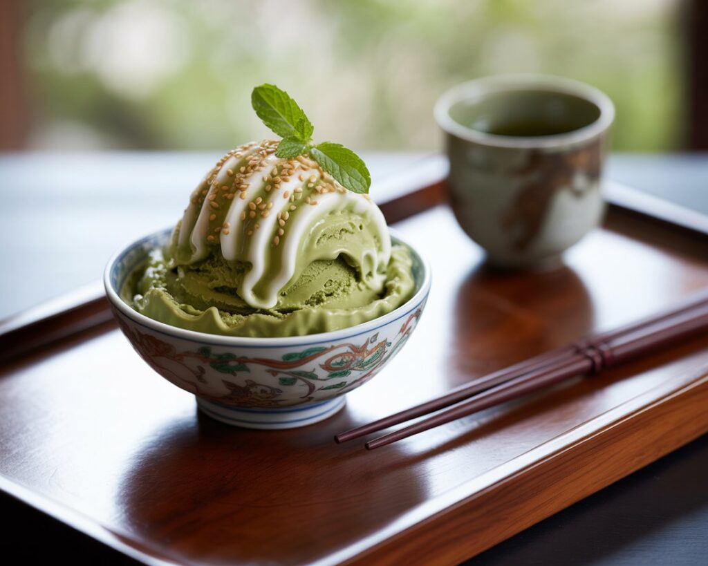 Dairy free vegan ice cream with classic Chinese flavors like matcha and red bean in a serving bowl