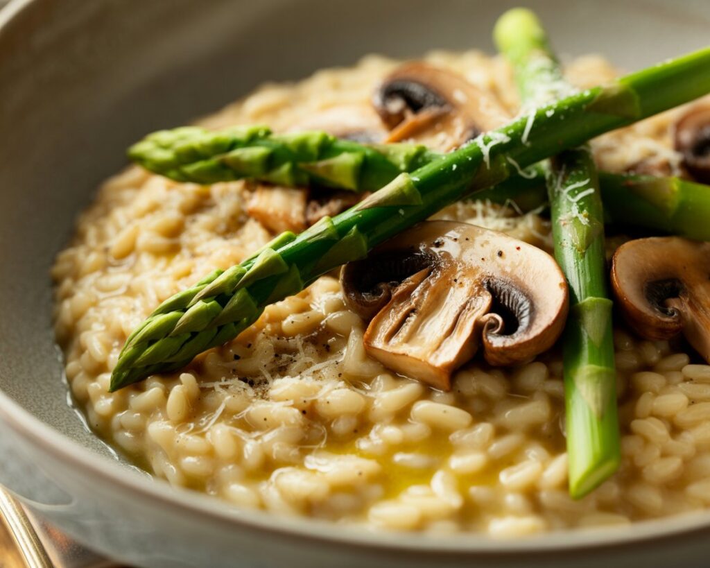 Homemade mushroom asparagus risotto with fresh herbs on top