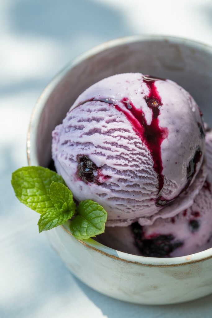 Homemade blueberry ice cream in a container ready to serve