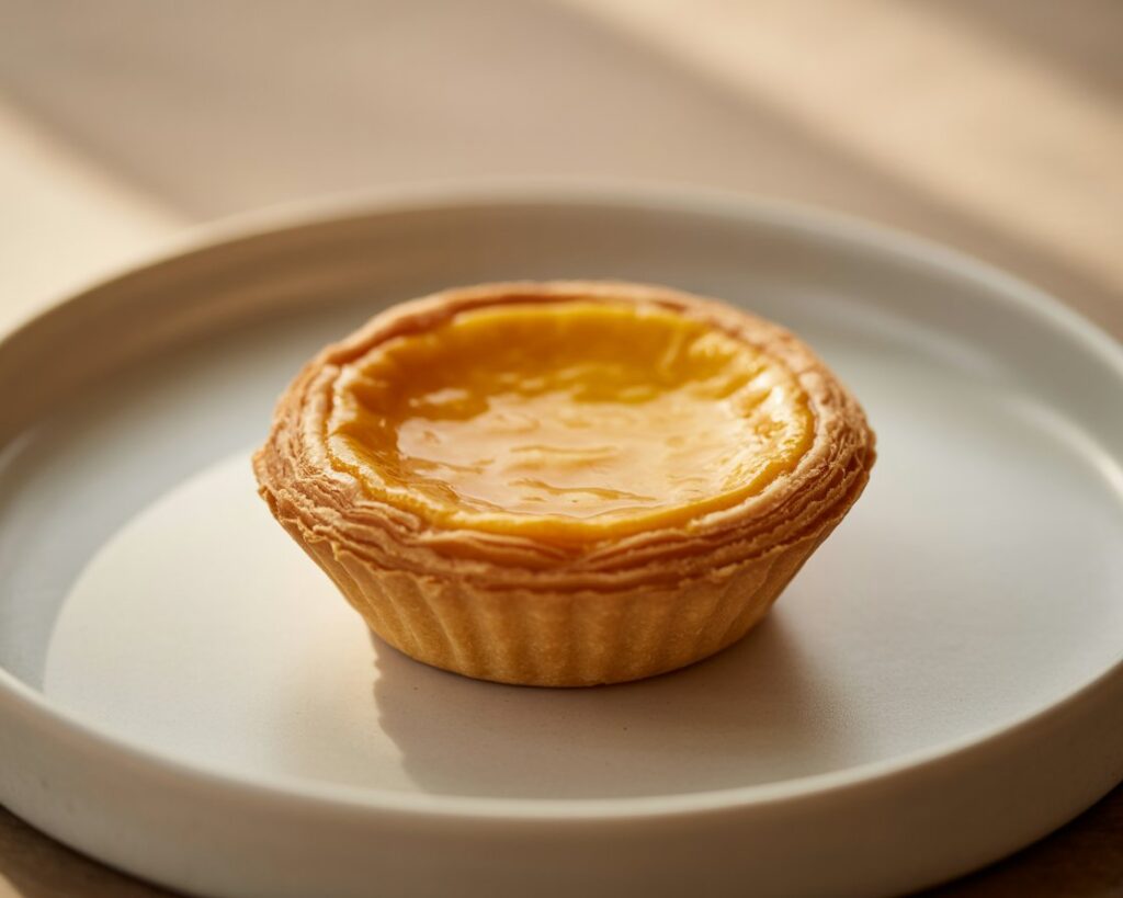 Close up of egg tart with smooth custard and crispy pastry shell