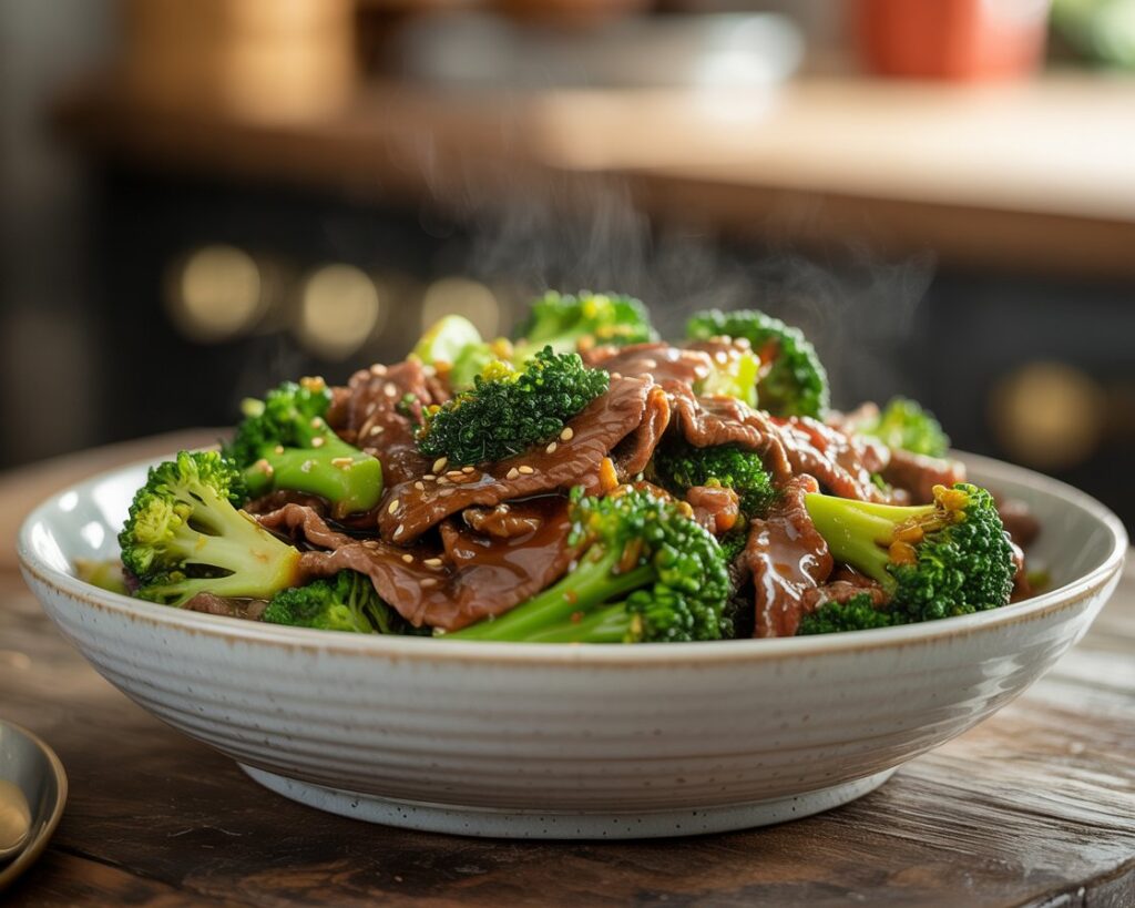 Plate of stir fried beef with broccoli garnished with sesame seeds