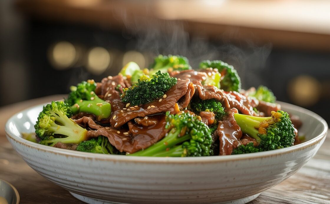 Plate of stir fried beef with broccoli garnished with sesame seeds