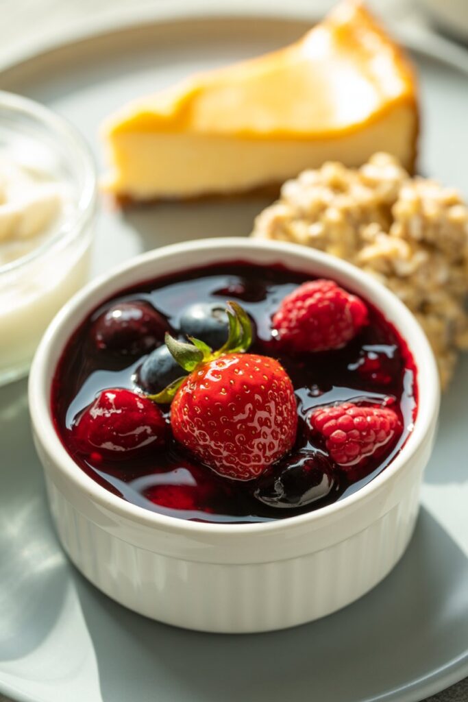 Small jar of homemade berry compote with berries scattered around