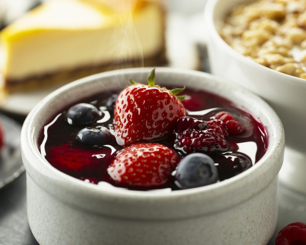Oatmeal topped with warm mixed berry compote and fresh mint